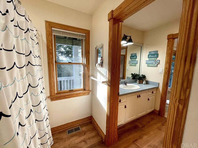 full bathroom featuring vanity, wood finished floors, visible vents, and baseboards