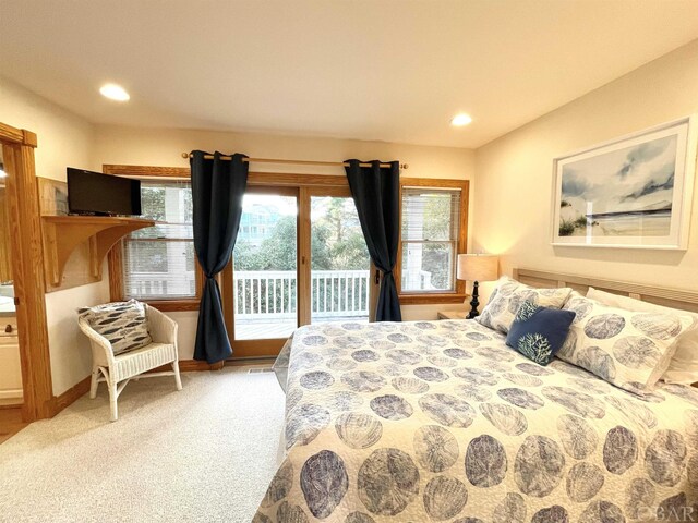 carpeted bedroom with access to outside, visible vents, and recessed lighting