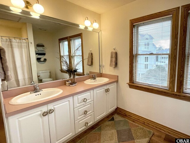 full bath featuring double vanity, baseboards, toilet, and a sink