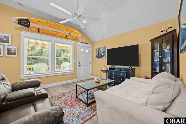 1021 Harbour View Dr Lot 43, Kill Devil Hills, NC 27948 - living room with lofted ceiling, wood finished floors, and ceiling fan