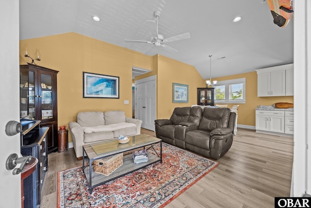 1021 Harbour View Dr Lot 43, Kill Devil Hills, NC 27948 - living room with lofted ceiling, a chandelier, a ceiling fan, light wood-style floors, and recessed lighting