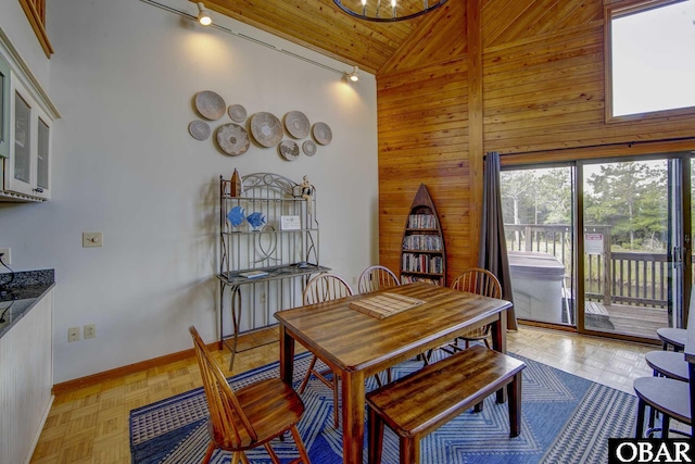 50050 Bayside Ct Lot 30, Frisco, NC 27936 - dining area with high vaulted ceiling, rail lighting, wooden walls, baseboards, and wooden ceiling