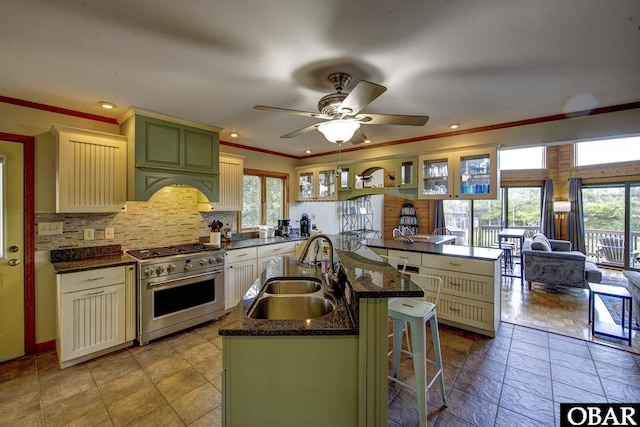 50050 Bayside Ct Lot 30, Frisco, NC 27936 - kitchen with a sink, stainless steel stove, plenty of natural light, a peninsula, and ornamental molding