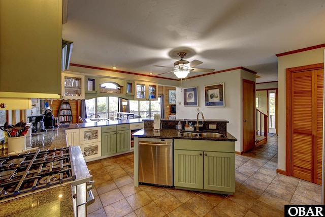 50050 Bayside Ct Lot 30, Frisco, NC 27936 - kitchen featuring green cabinets, dishwasher, a sink, stovetop, and ceiling fan