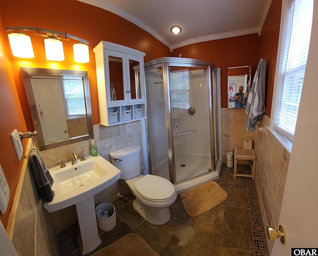 4327 S Hammerhead Dr Lot # 37, Nags Head, NC 27959 - bathroom with tile walls, ornamental molding, a stall shower, tile patterned floors, and toilet