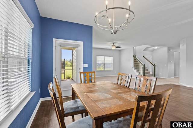 115 Sligo Way Lot 10, Moyock, NC 27958 - dining space with wood finished floors, a chandelier, stairs, and ceiling fan