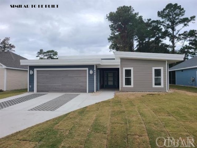 view of front of property featuring concrete driveway, an attached garage, and a front lawn