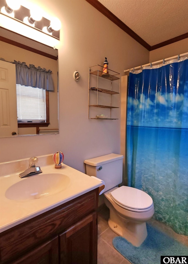 1809 Apache St Lot 3, Kill Devil Hills, NC 27948 - bathroom featuring crown molding, vanity, toilet, a textured ceiling, and tile patterned flooring