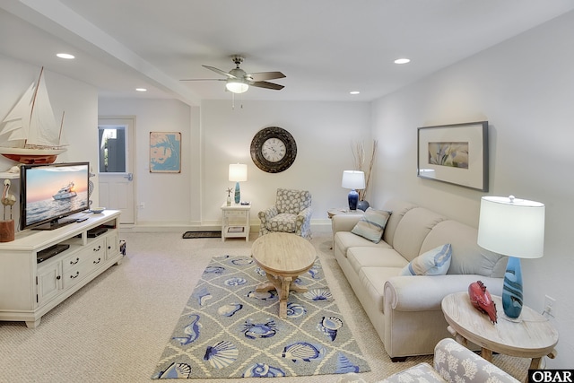 1143 Albemarle Ct Unit 681, Corolla, NC 27927 - living room with light colored carpet, recessed lighting, and a ceiling fan
