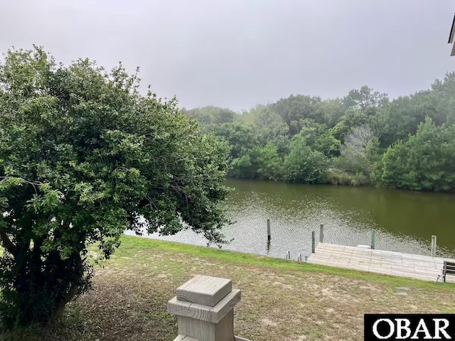 water view with a wooded view and a boat dock