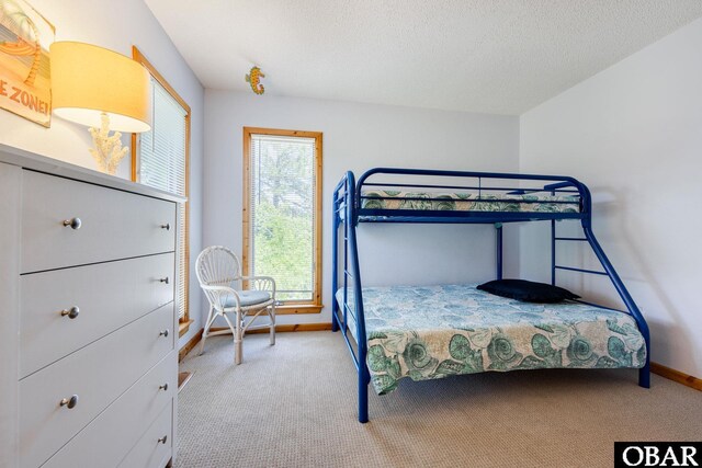 bedroom with light colored carpet, a textured ceiling, and baseboards