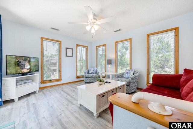 living area with a textured ceiling, light wood-style flooring, visible vents, and a healthy amount of sunlight