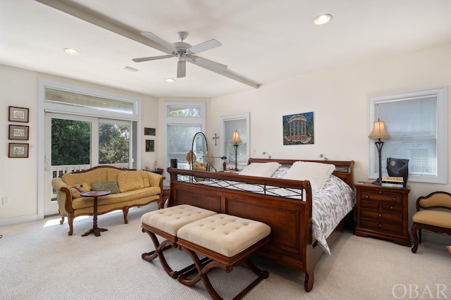 bedroom with a ceiling fan, recessed lighting, access to outside, and light carpet