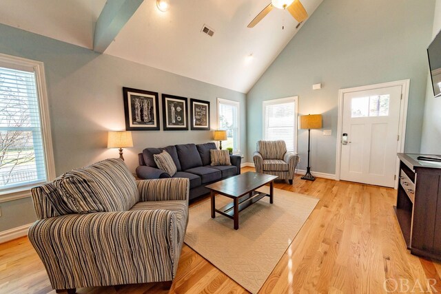 living area featuring light wood-style floors, baseboards, and a wealth of natural light