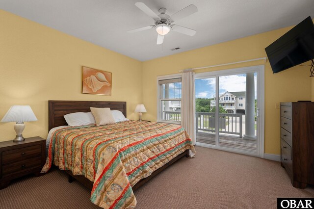 bedroom featuring ceiling fan, carpet floors, visible vents, baseboards, and access to exterior