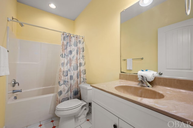 full bath featuring toilet, shower / tub combo, and vanity