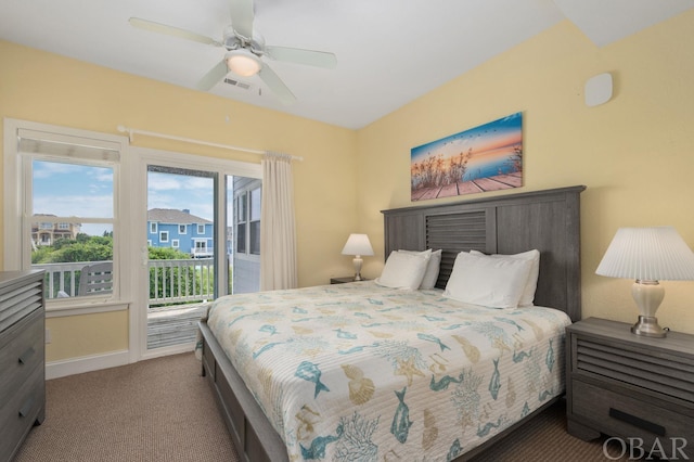 bedroom with ceiling fan, access to outside, baseboards, and dark colored carpet