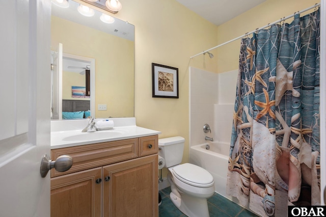 full bathroom featuring shower / bath combo, visible vents, toilet, tile patterned flooring, and vanity