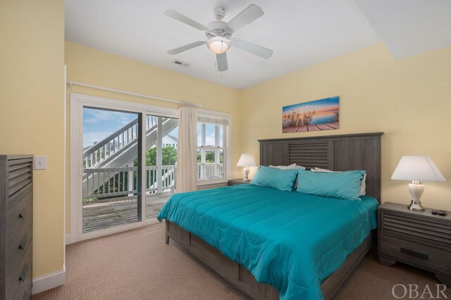 bedroom featuring light colored carpet, visible vents, a ceiling fan, baseboards, and access to exterior