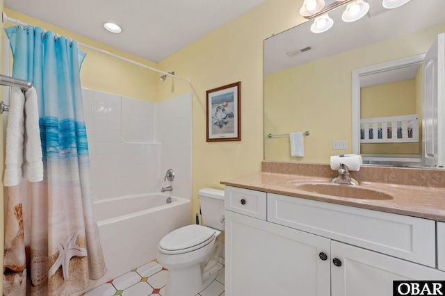 full bath featuring toilet, shower / tub combo, visible vents, and vanity