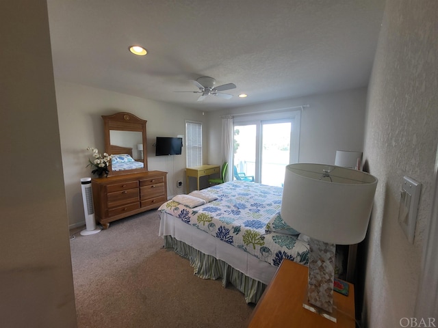 bedroom with carpet, ceiling fan, and recessed lighting