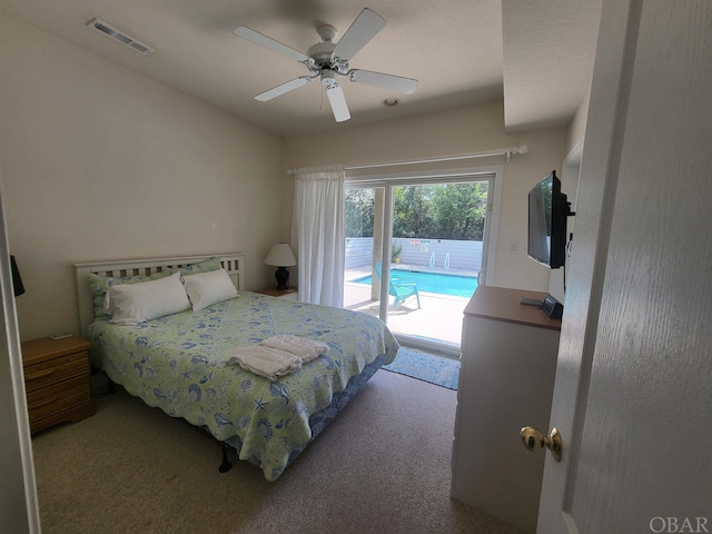 bedroom featuring a ceiling fan, light colored carpet, visible vents, and access to exterior