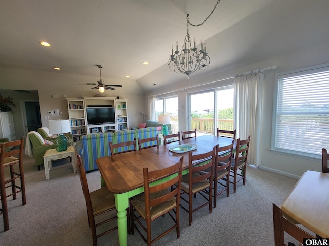 dining room featuring recessed lighting, baseboards, ceiling fan with notable chandelier, vaulted ceiling, and light colored carpet