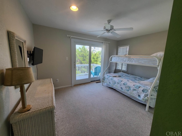 bedroom with ceiling fan, recessed lighting, carpet flooring, baseboards, and access to outside