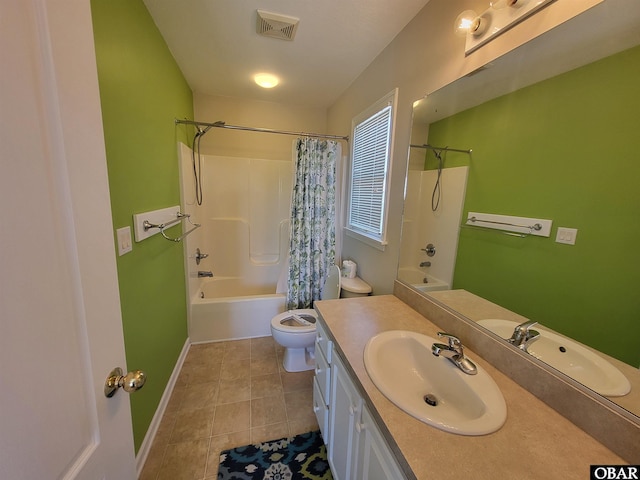 bathroom with toilet, visible vents, shower / bath combination with curtain, tile patterned floors, and vanity