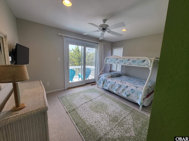 bedroom with a ceiling fan, recessed lighting, baseboards, access to outside, and carpet floors