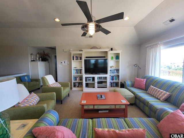 living area featuring carpet, visible vents, a ceiling fan, and recessed lighting