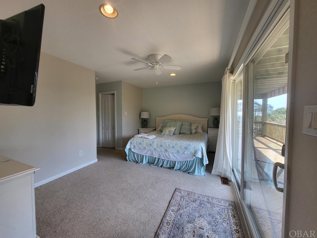 carpeted bedroom with access to outside, baseboards, ceiling fan, and recessed lighting