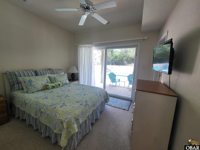 bedroom with light carpet, a ceiling fan, and access to exterior