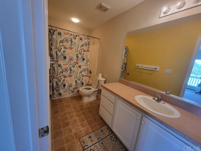 full bathroom with shower / bath combo, visible vents, toilet, tile patterned flooring, and vanity