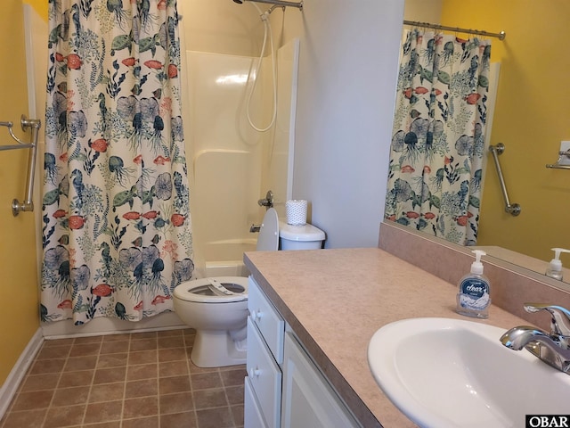 bathroom featuring vanity, toilet, tile patterned flooring, and shower / bath combo