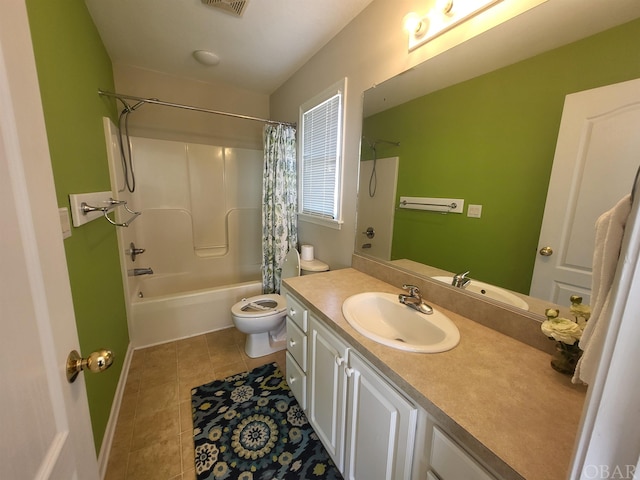 full bath featuring toilet, visible vents, vanity, tile patterned floors, and shower / bath combination with curtain