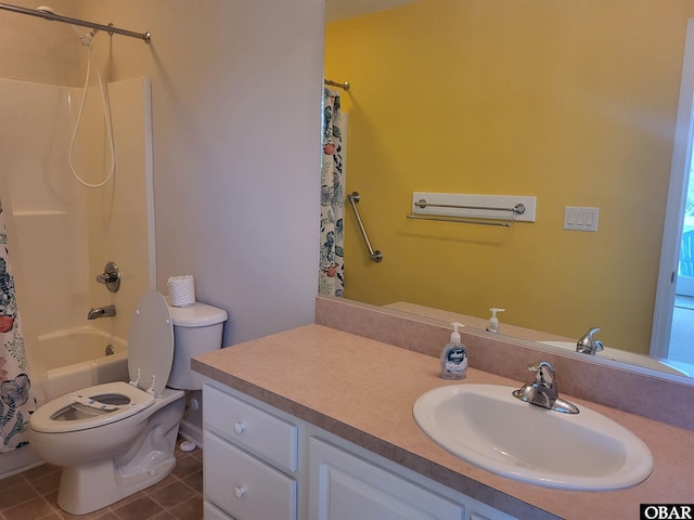 bathroom featuring toilet, shower / tub combo, tile patterned flooring, and vanity