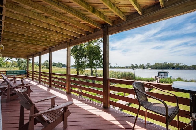 wooden deck with a water view