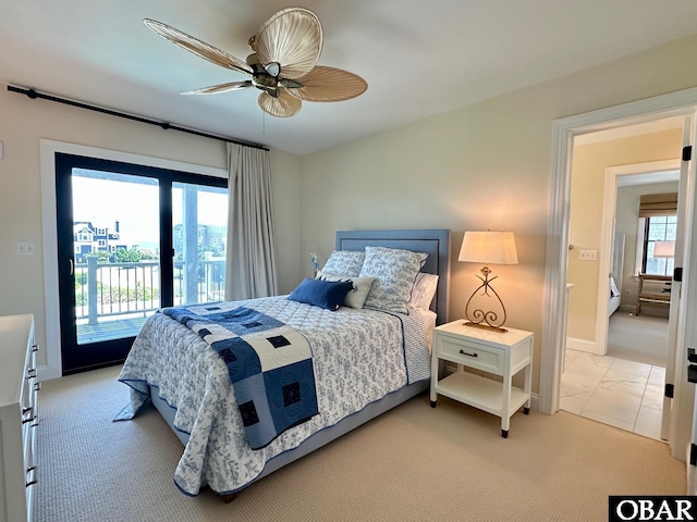 126 Buffell Head Rd Lot 146, Duck, NC 27949 - bedroom with access to exterior, baseboards, a ceiling fan, and light colored carpet
