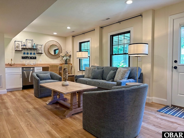 126 Buffell Head Rd Lot 146, Duck, NC 27949 - living room with wet bar, light wood-style floors, recessed lighting, and baseboards