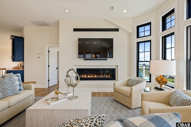 126 Buffell Head Rd Lot 146, Duck, NC 27949 - living area featuring plenty of natural light, a glass covered fireplace, wood finished floors, and recessed lighting