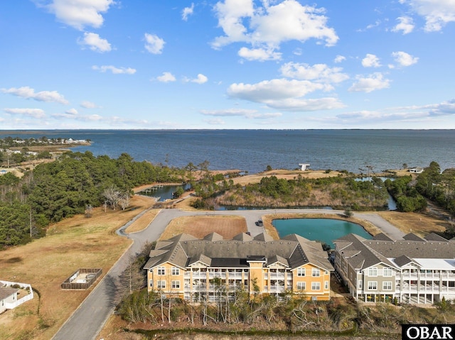 drone / aerial view with a water view