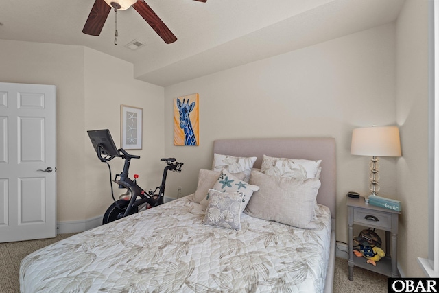 bedroom with carpet floors, baseboards, visible vents, and a ceiling fan