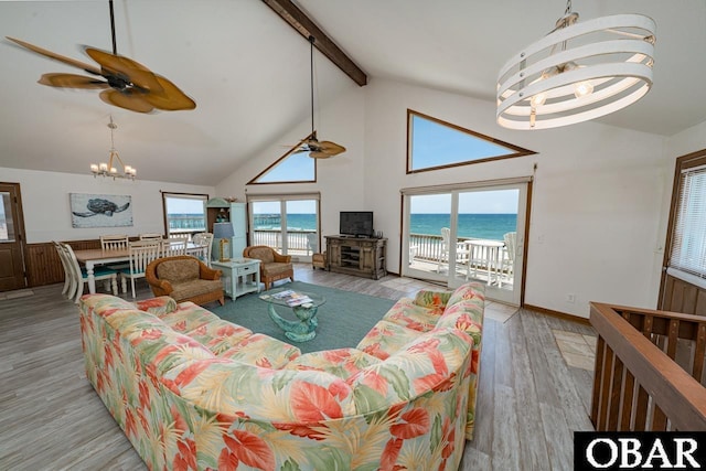24143 Ocean Dr Lot 4, Rodanthe, NC 27968 - living area featuring a chandelier, high vaulted ceiling, wood finished floors, beamed ceiling, and a ceiling fan