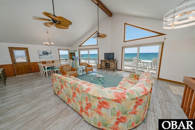 24143 Ocean Dr Lot 4, Rodanthe, NC 27968 - living area with a chandelier, high vaulted ceiling, ceiling fan, beam ceiling, and wood finished floors