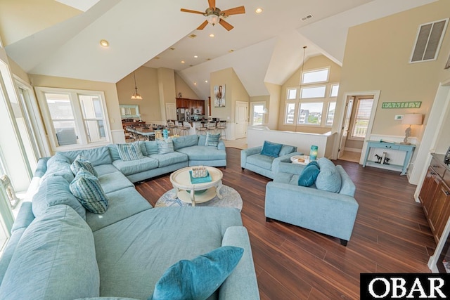 22097 Sea Gull St Lot 7, Rodanthe, NC 27968 - living room with high vaulted ceiling, dark wood finished floors, and a ceiling fan