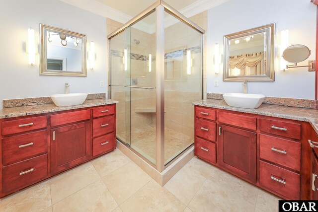 892 S Mills Rd Lot 10, Moyock, NC 27958 - full bath with two vanities, a sink, crown molding, and a shower stall