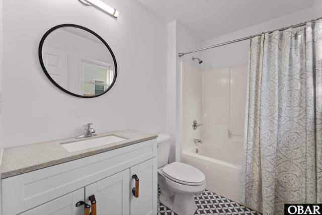 full bath with vanity, shower / bath combination with curtain, and toilet