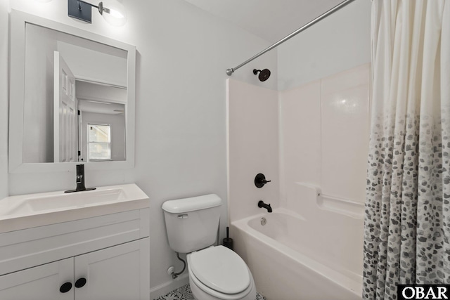 full bathroom with vanity, toilet, and shower / bath combo with shower curtain