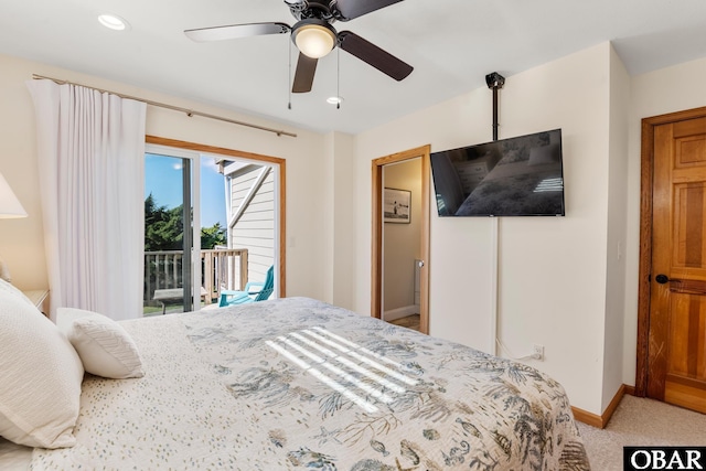 23014 Cross Of Honor Way Lot 20, Rodanthe, NC 27968 - bedroom with access to exterior, light carpet, baseboards, a ceiling fan, and recessed lighting